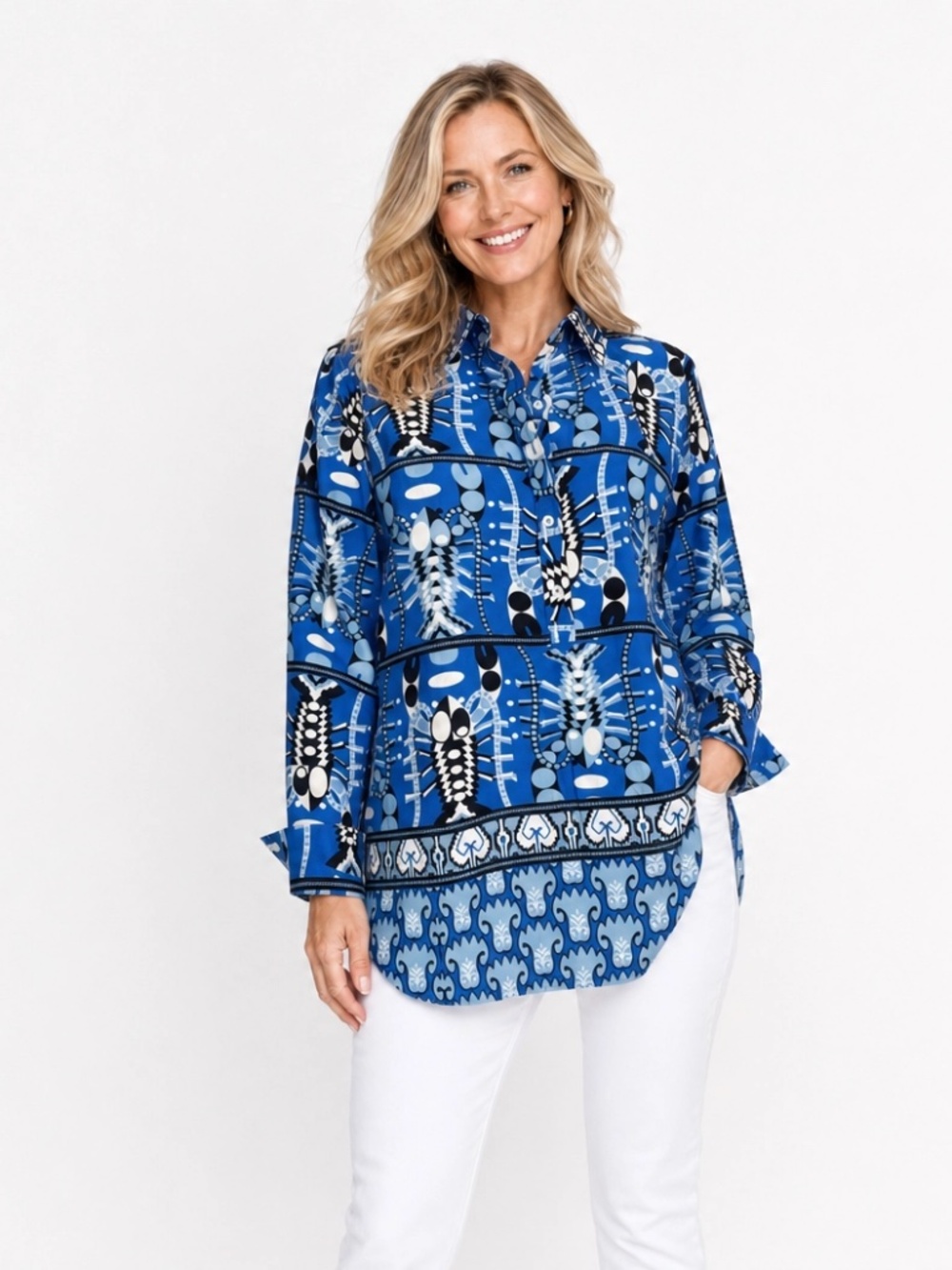 Jude Connally XL Blue Abstract Print Button Front Tunic Shirt NWT